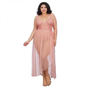 Dreamgirl Plus-size Stretch Lace Teddy & Sheer Mesh Maxi Skirt With Adjustable Straps & G-string Ros