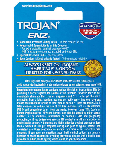 Trojan Enz Spermicidal Lubricated Condoms - Box Of 3 - Bossy Pearl