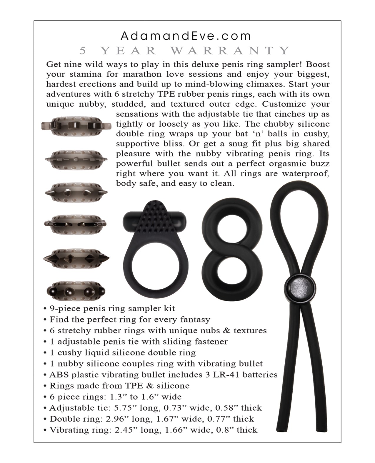 Adam & Eve Adam's Deluxe Penis Ring Sampler - Black-smoke