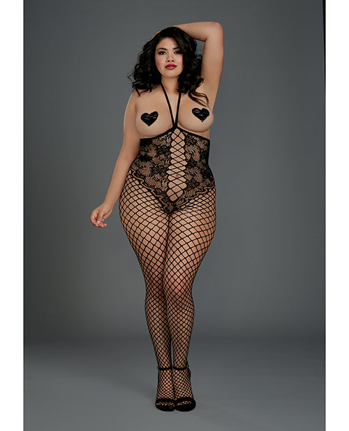 Open Cup Open Crotch Bodystocking W-knitted Lace Teddy Design Black Qn - Bossy Pearl