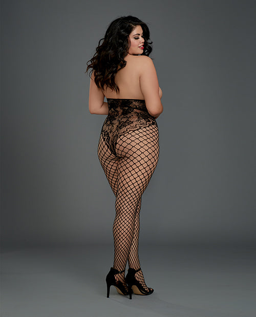 Open Cup Open Crotch Bodystocking W-knitted Lace Teddy Design Black Qn - Bossy Pearl