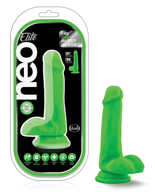 Blush Neo Elite 6" Silicone Dual Density Cock W-balls - Neon Green - Bossy Pearl