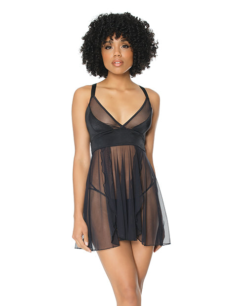 Double Slit Sheer Babydoll W-cage Detail Back & G-string Black O-s - Bossy Pearl