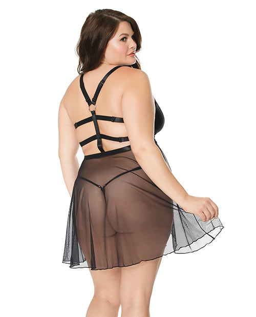 Double Slit Sheer Babydoll W-cage Detail Back & G-string Black Os-xl - Bossy Pearl