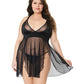 Double Slit Sheer Babydoll W-cage Detail Back & G-string Black Os-xl - Bossy Pearl