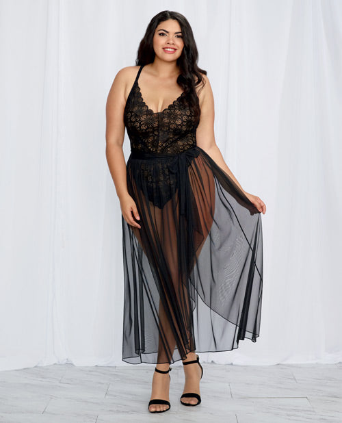 Stretch Lace Teddy & Sheer Mesh Maxi Skirt W/adjustable Straps & G-string - Bossy Pearl