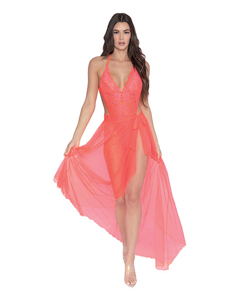 Simply Sexy Stretch Lace Teddy & Sheer Mesh Maxi Skirt W/adjustable Straps & G-string Coral
