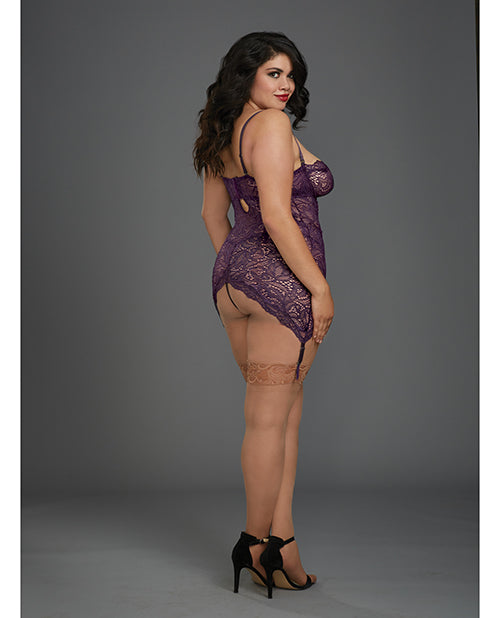 Stretch Lace Garter Slip W/removable Straps & Attached Side Garters & G-string Plum - Bossy Pearl