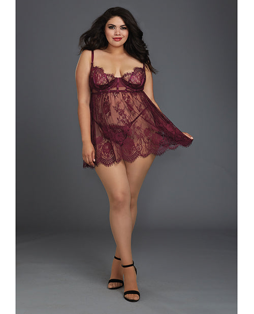 Eyelash Lace Babydoll W/underwire Cups & Lace Thong - Bossy Pearl