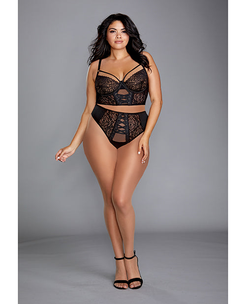 Stretch Mesh & Galloon Lace Bustier W/matching Lace Up Thong Black - Bossy Pearl