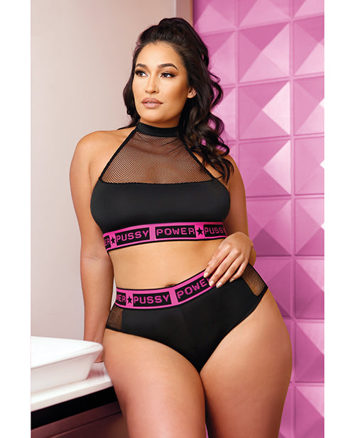 Vibes Pussy Power Micro-net Halter Top & Booty Short Black Qn - Bossy Pearl