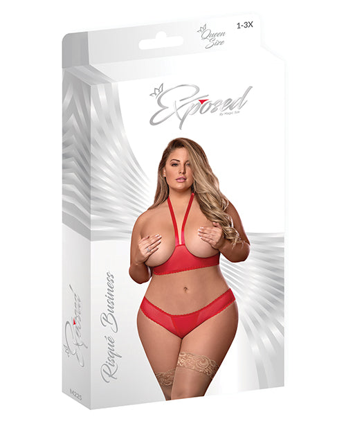 Risque Business Cupless Bra & Crotchless Panty Red Qn
