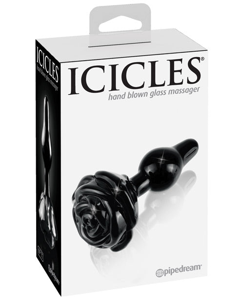 Icicles No. 77 Hand Blown Glass Rose Butt Plug - Black - Bossy Pearl