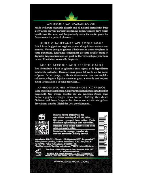 Shunga Organica Warming Oil - 3.5 Oz Green Tea - Bossy Pearl