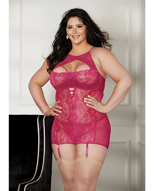 Collared Sheer Lace & Gartered Chemise Raspberry - Bossy Pearl