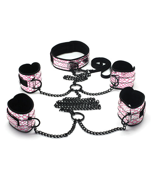 Spartacus Faux Leather Collar To Wrist & Ankle Restraints Bondage Kit W/leash - Bossy Pearl