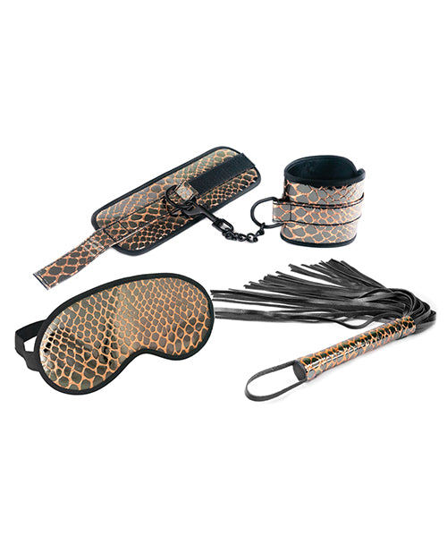 Spartacus Faux Leather Wrist Restraints Blindfold & Flogger Bondage Kit - Gold - Bossy Pearl