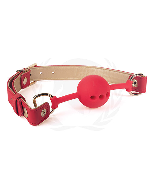 Spartacus Silicone Ball Gag W-red Gold Pu Straps - 46 Mm - Bossy Pearl