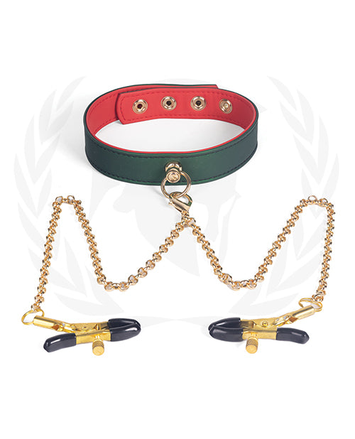 Spartacus Pu Collar W-nipple Clamps - Green - Bossy Pearl