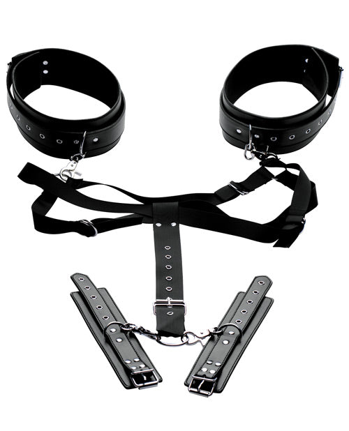 Master Series Acquire Easy Access Thigh Harness W-wrist Cuffs - Black - Bossy Pearl
